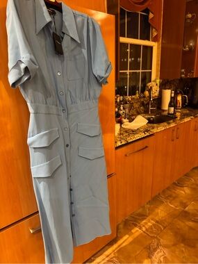 Bright  Blue Button-Front Shirt Dress Rochas size 48/12  new with tag
